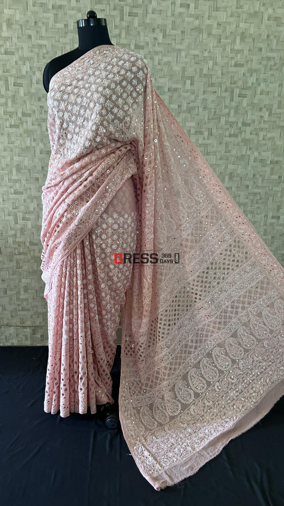 Peach Ring Mukaish Chikankari Saree