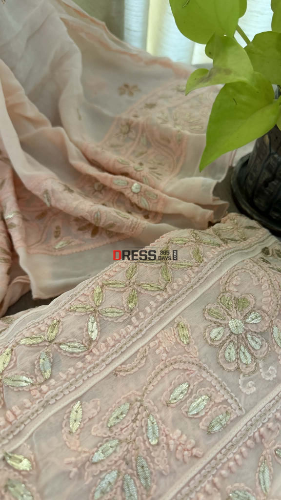 Peachy Pink Gota Patti Chikankari Anarkali Suit (Anarkali And Dupatta) - Chikankari Anarkali