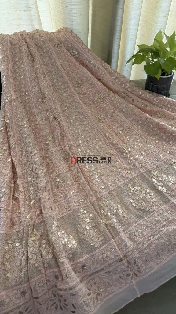 Peachy Pink Gota Patti Chikankari Anarkali Suit (Anarkali And Dupatta) - Chikankari Anarkali