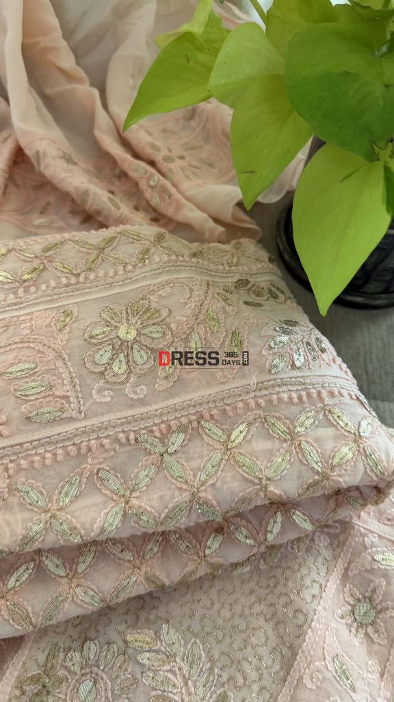 Peachy Pink Gota Patti Chikankari Anarkali Suit (Anarkali And Dupatta) - Chikankari Anarkali