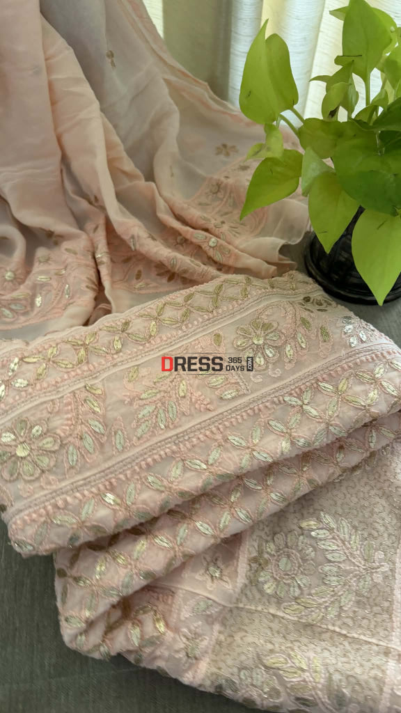 Peachy Pink Gota Patti Chikankari Anarkali Suit (Anarkali And Dupatta) - Chikankari Anarkali