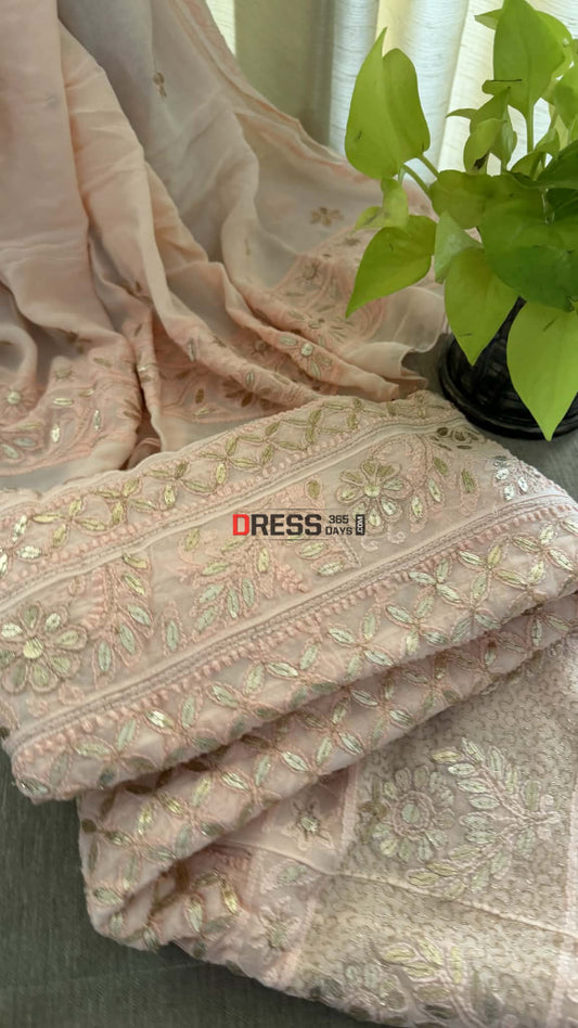 Peachy Pink Gota Patti Chikankari Anarkali Suit (Anarkali And Dupatta) - Chikankari Anarkali