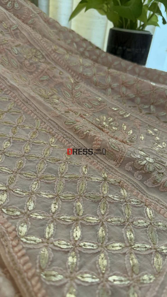 Peachy Pink Gota Patti Chikankari Anarkali Suit (Anarkali And Dupatta) - Chikankari Anarkali