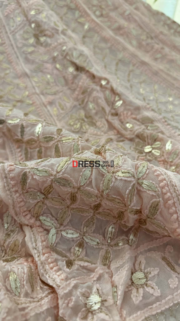 Peachy Pink Gota Patti Chikankari Anarkali Suit (Anarkali And Dupatta) - Chikankari Anarkali