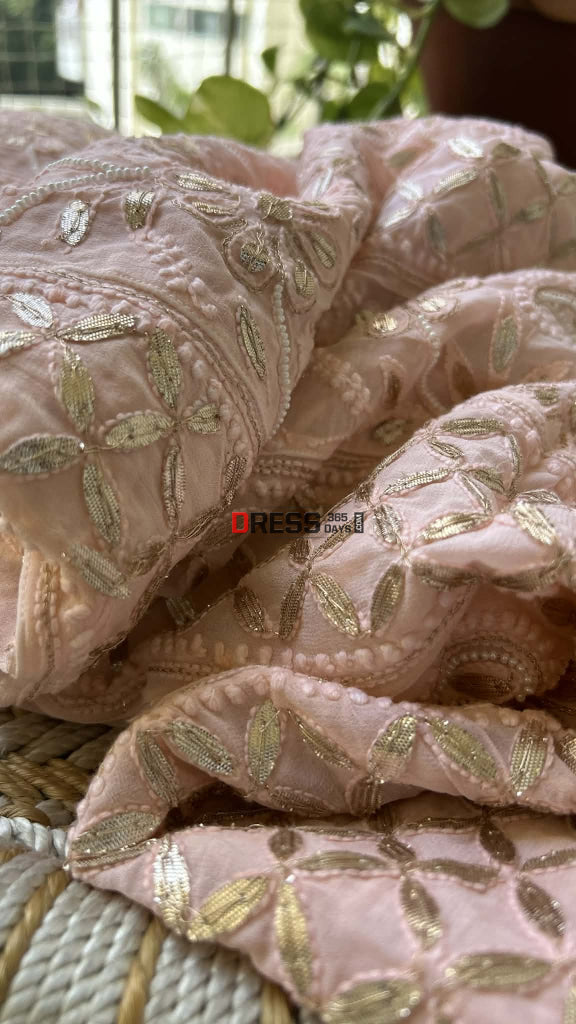 Peachy Pink Pearl Gota Patti Chikankari Anarkali Suit (Anarkali And Dupatta) Chikankari Anarkali