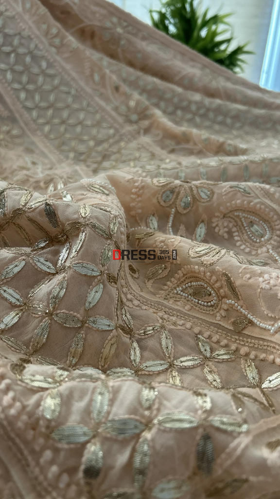 Peachy Pink Pearl Gota Patti Chikankari Anarkali Suit (Anarkali And Dupatta) Chikankari Anarkali