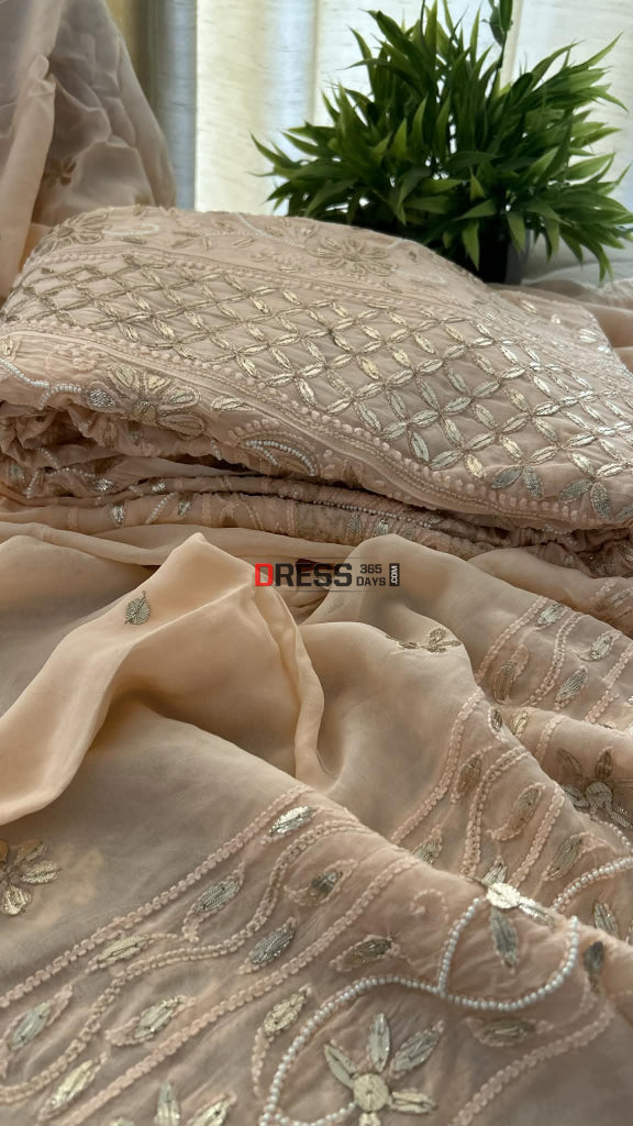 Peachy Pink Pearl Gota Patti Chikankari Anarkali Suit (Anarkali And Dupatta) Chikankari Anarkali