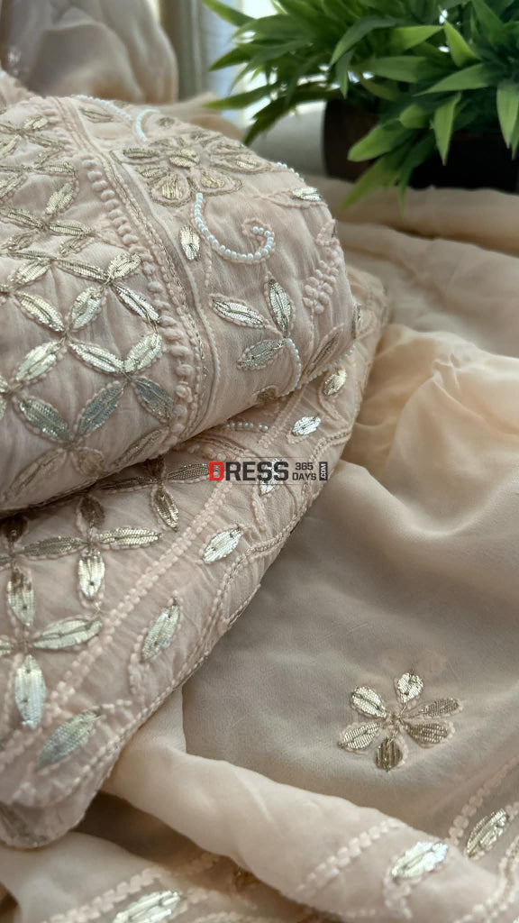 Peachy Pink Pearl Gota Patti Chikankari Anarkali Suit (Anarkali And Dupatta) Chikankari Anarkali