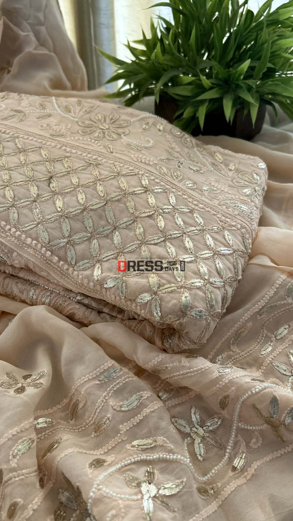 Peachy Pink Pearl Gota Patti Chikankari Anarkali Suit (Anarkali And Dupatta) Chikankari Anarkali