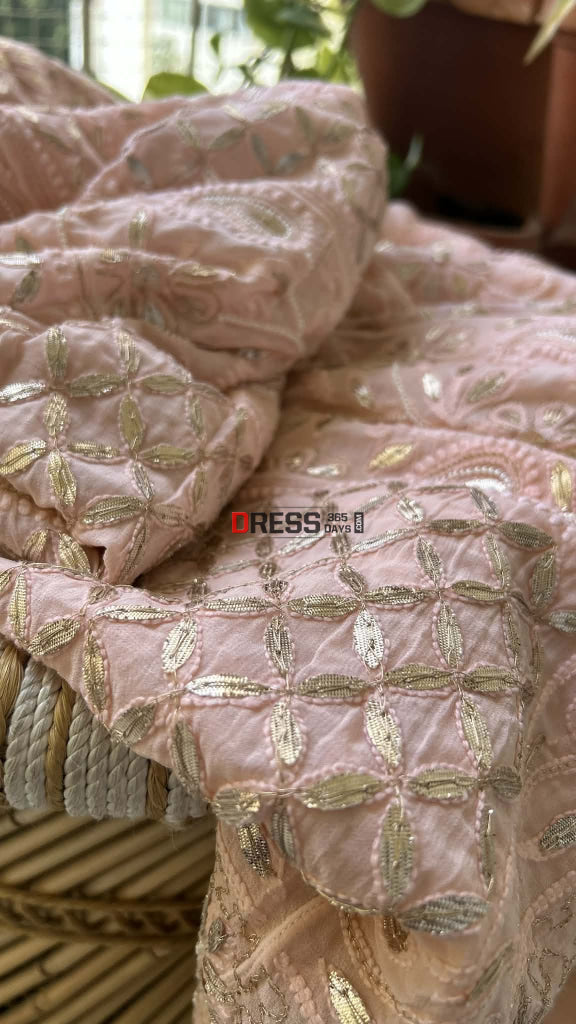 Peachy Pink Pearl Gota Patti Chikankari Anarkali Suit (Anarkali And Dupatta) Chikankari Anarkali