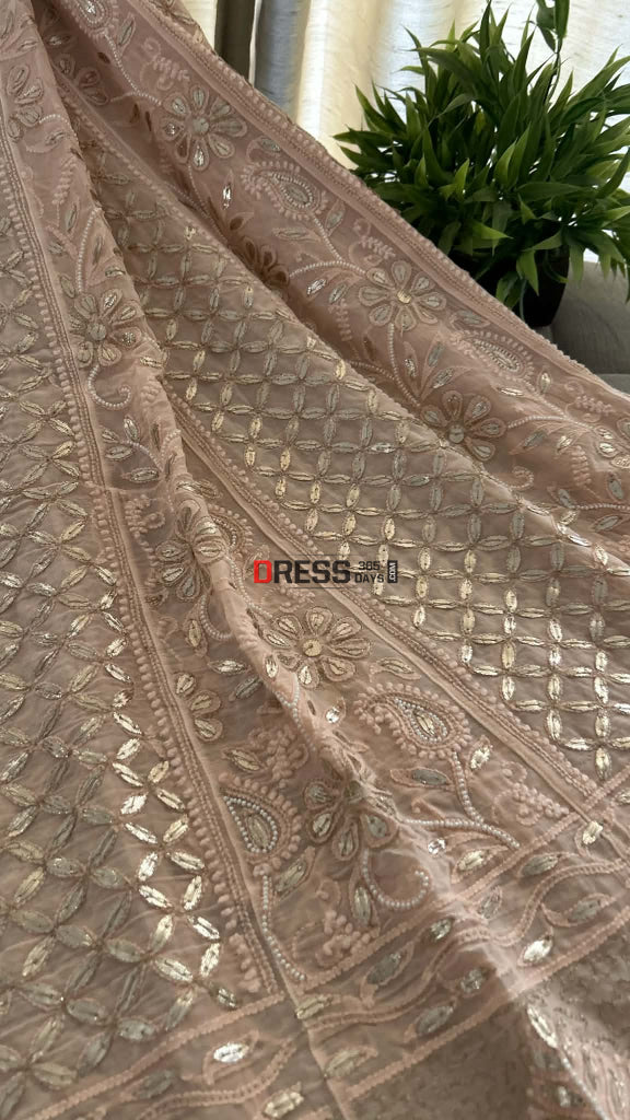 Peachy Pink Pearl Gota Patti Chikankari Anarkali Suit (Anarkali And Dupatta) Chikankari Anarkali