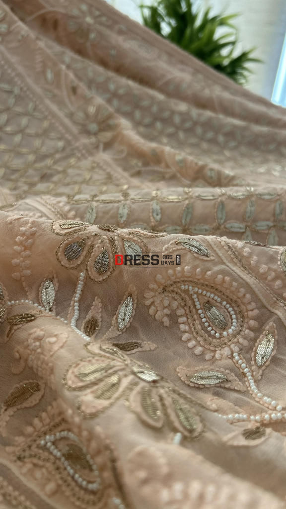 Peachy Pink Pearl Gota Patti Chikankari Anarkali Suit (Anarkali And Dupatta) Chikankari Anarkali