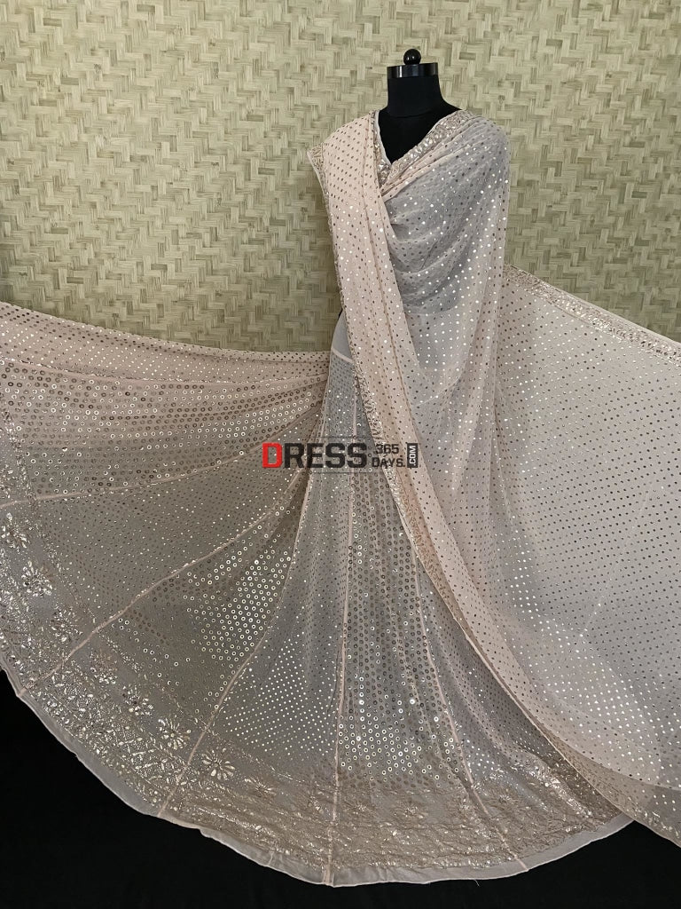 Peachy Pink Pure Georgette Ring Mukaish Lehenga Set Chikankari