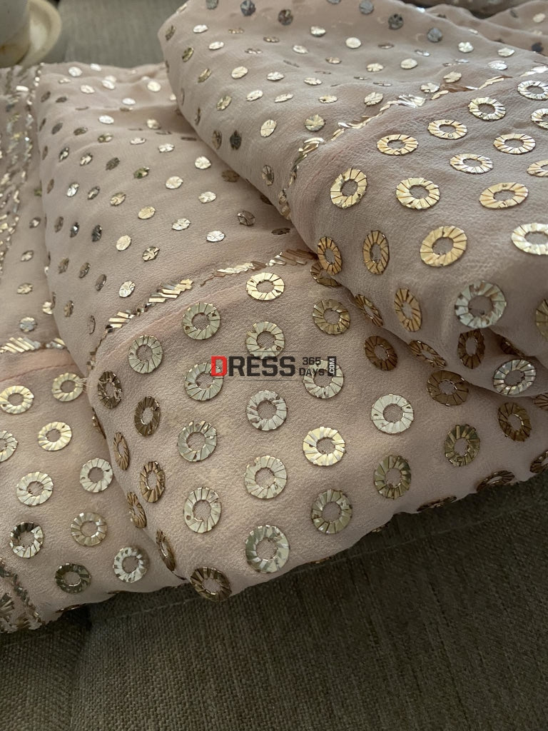 Peachy Pink Pure Georgette Ring Mukaish Lehenga Set Chikankari