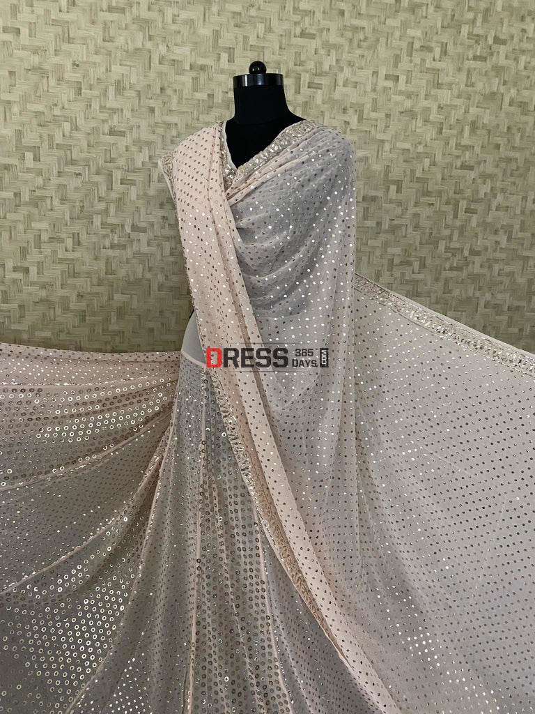 Peachy Pink Pure Georgette Ring Mukaish Lehenga Set Chikankari