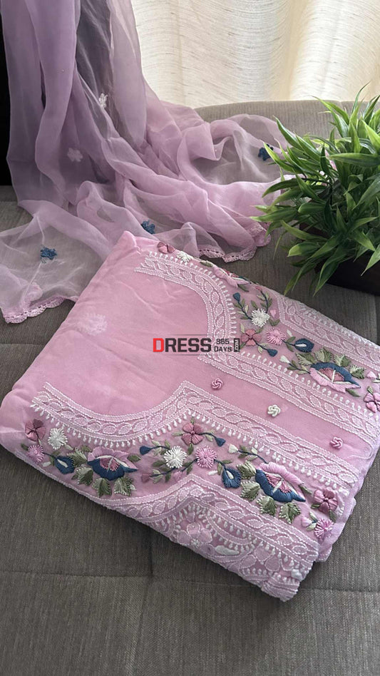 Pink Chikankari Parsi Gara Neckline Suit Chikankari Suits