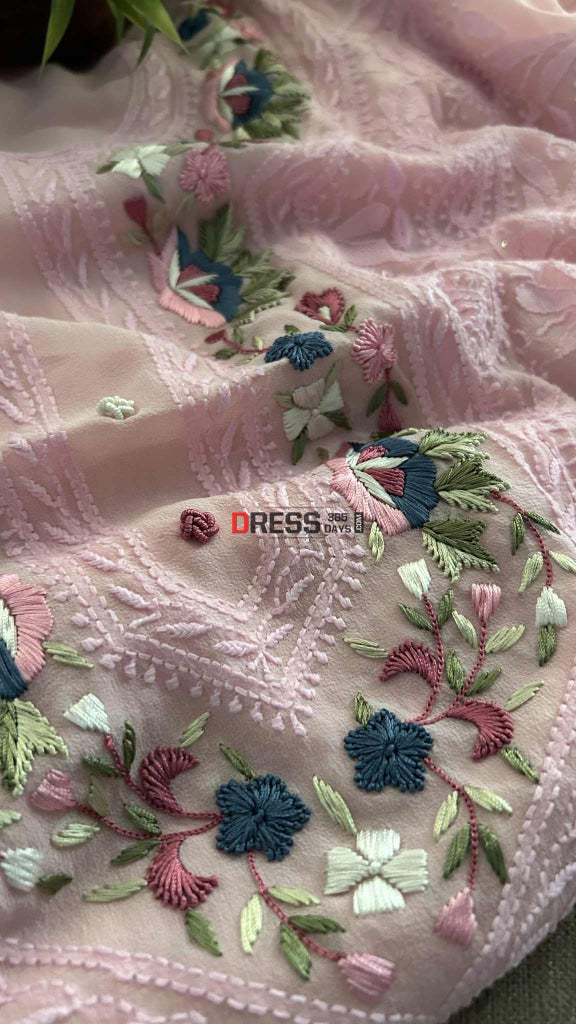 Pink Chikankari Parsi Gara Neckline Suit Chikankari Suits