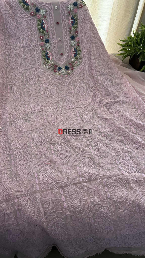 Pink Chikankari Parsi Gara Neckline Suit Chikankari Suits