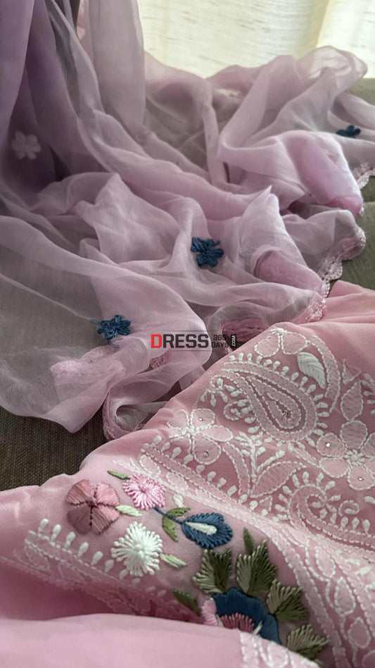 Pink Chikankari Parsi Gara Neckline Suit Chikankari Suits