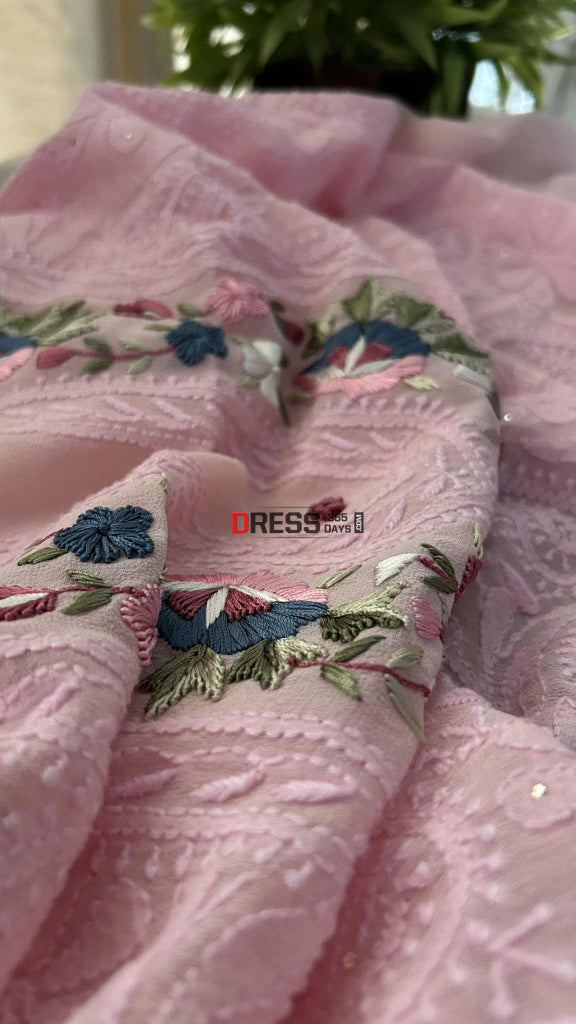Pink Chikankari Parsi Gara Neckline Suit Chikankari Suits