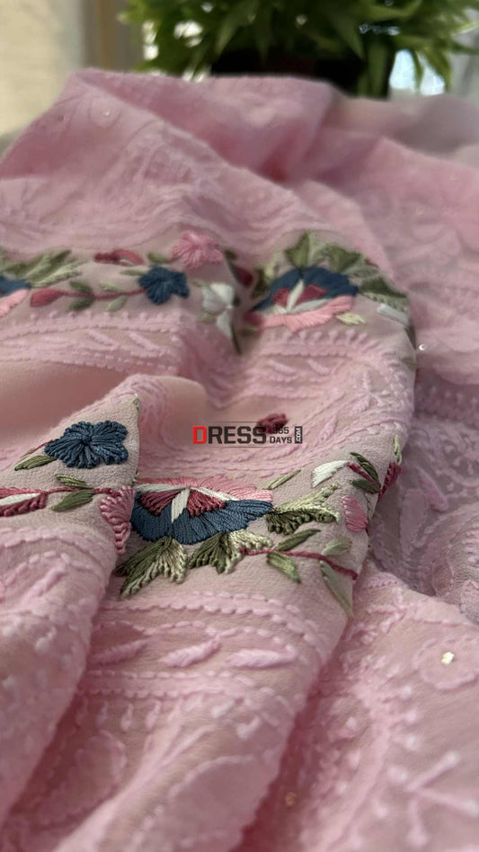 Pink Chikankari Parsi Gara Neckline Suit Chikankari Suits
