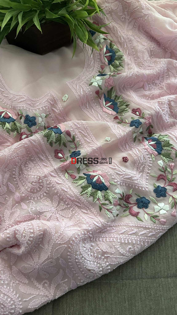 Pink Chikankari Parsi Gara Neckline Suit Chikankari Suits