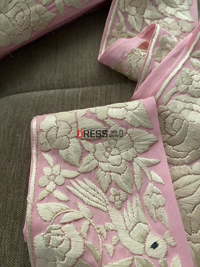 Pink & Ivory Parsi Gara Hand Embroidered Border