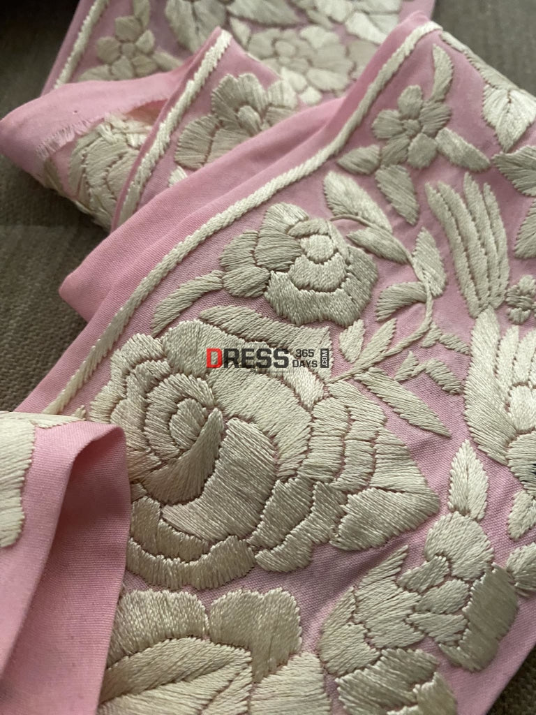 Pink & Ivory Parsi Gara Hand Embroidered Border