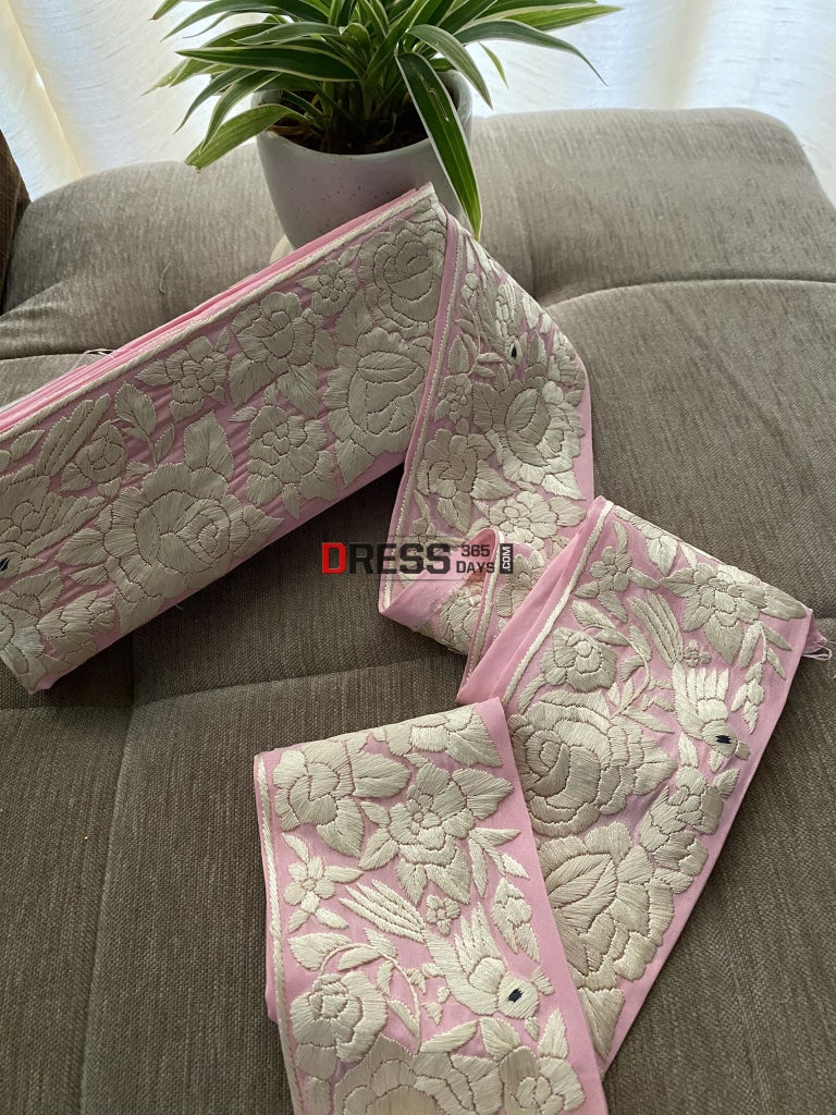 Pink & Ivory Parsi Gara Hand Embroidered Border