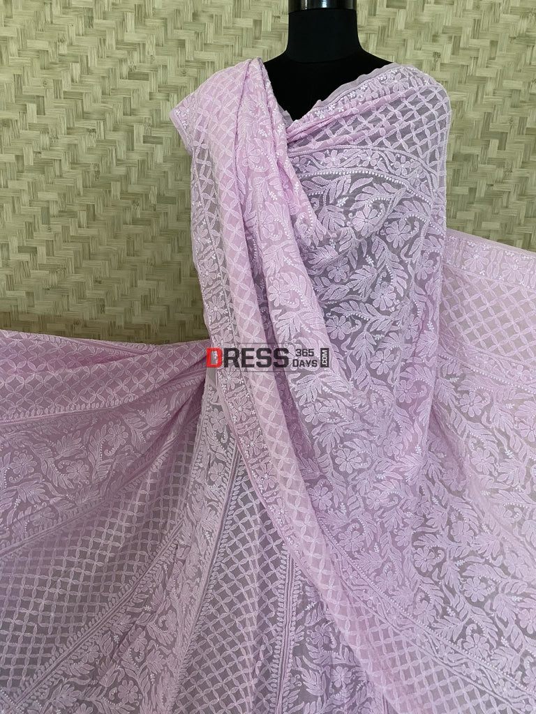 Pink - Lucknowi Hand Embroidered Cotton Chikankari 3pc Unstitched Dress Material 26