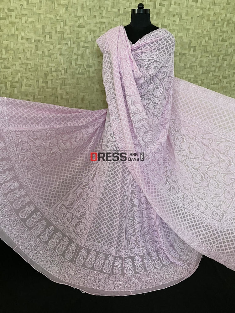 Pink Lucknowi Chikankari Cotton Saree, Sparsely Woven with Floral Motifs Embroidery on Its Body, Subtle Embroidery Border, Pallu of Floral-Paisley Embroidery, and Comes Without a Blouse main image 1