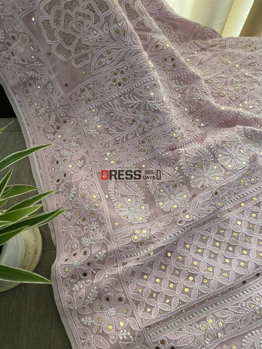 Pink Lucknowi Chikankari Mukaish Saree