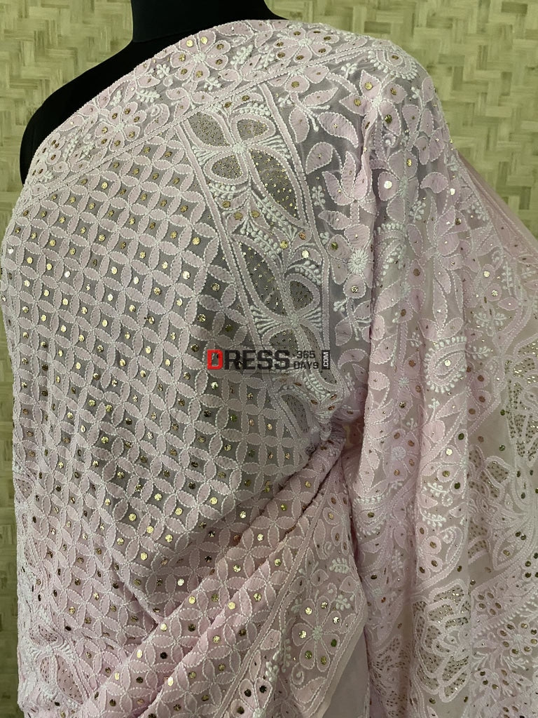 Pink Lucknowi Chikankari Mukaish Saree