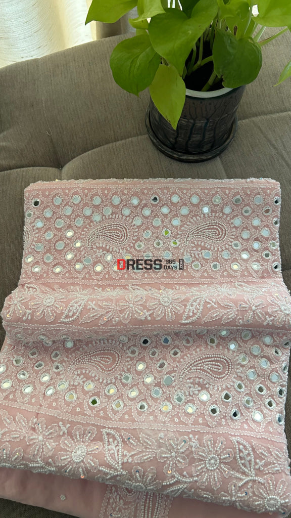 Pink Pearl & Mirror Chikankari Suit (Kurta & Dupatta) - Chikankari Suits