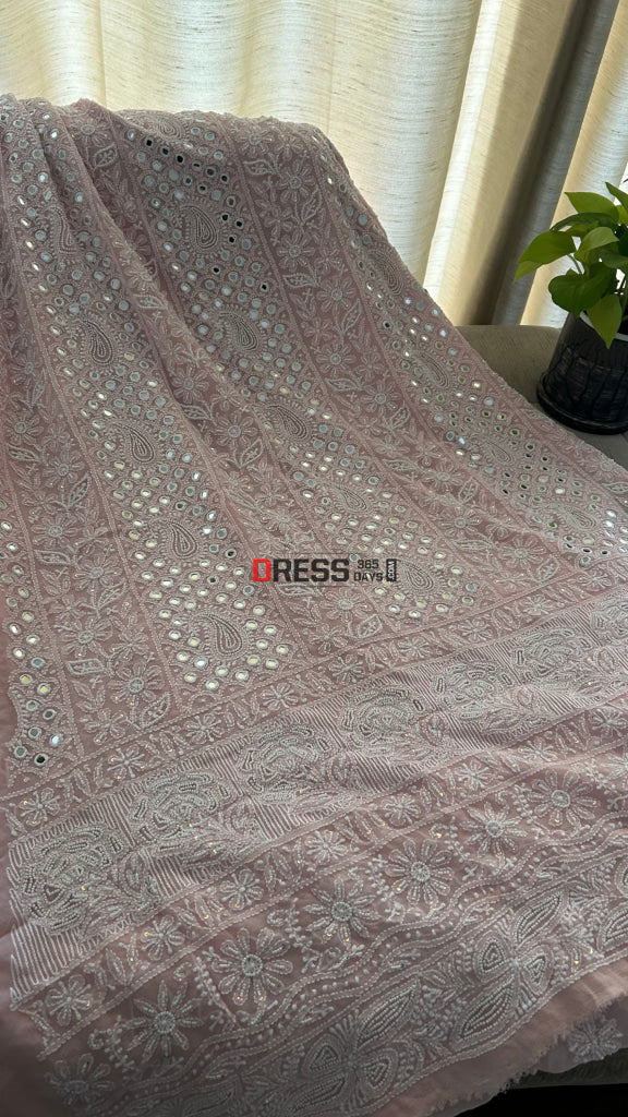 Pink Pearl & Mirror Chikankari Suit (Kurta & Dupatta) - Chikankari Suits