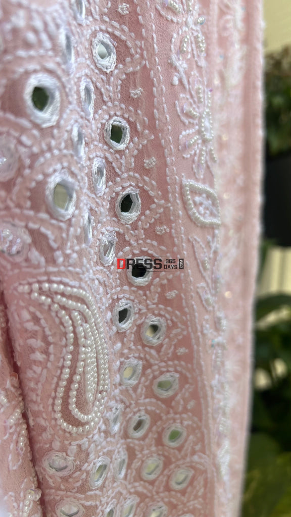 Pink Pearl & Mirror Chikankari Suit (Kurta & Dupatta) - Chikankari Suits