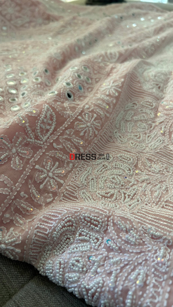 Pink Pearl & Mirror Chikankari Suit (Kurta & Dupatta) - Chikankari Suits