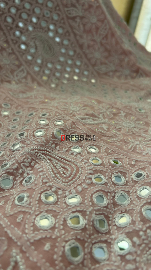Pink Pearl & Mirror Chikankari Suit (Kurta & Dupatta) - Chikankari Suits