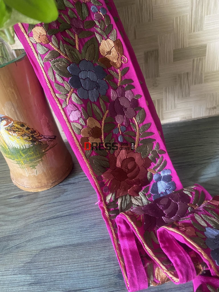 Pink Pure Crepe Parsi Gara Hand Embroidered Border