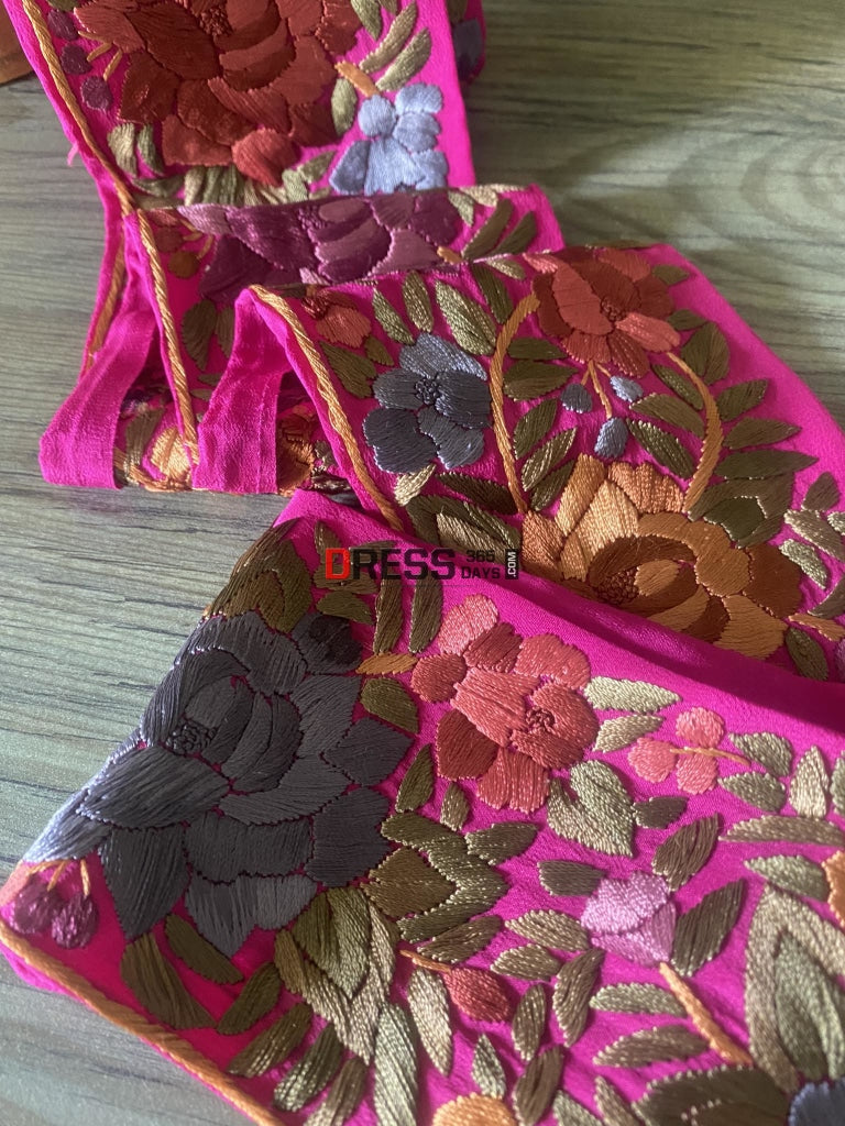 Pink Pure Crepe Parsi Gara Hand Embroidered Border