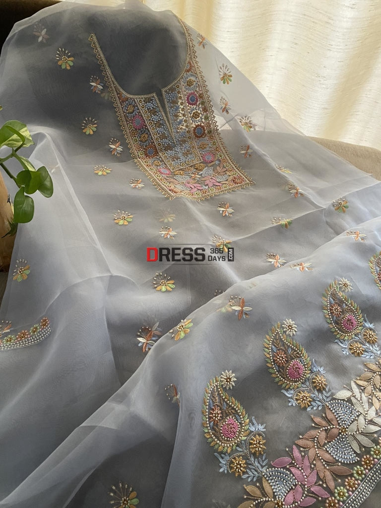 Powder Blue Exclusive Organza Pearls Chikankari Suit Suits