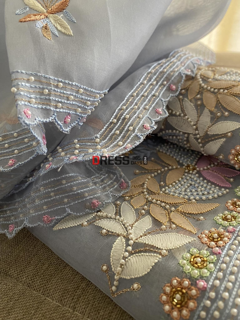 Powder Blue Exclusive Organza Pearls Chikankari Suit Suits