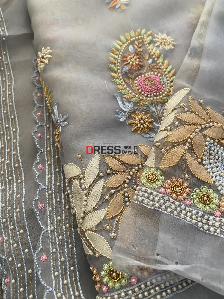 Powder Blue Exclusive Organza Pearls Chikankari Suit Suits