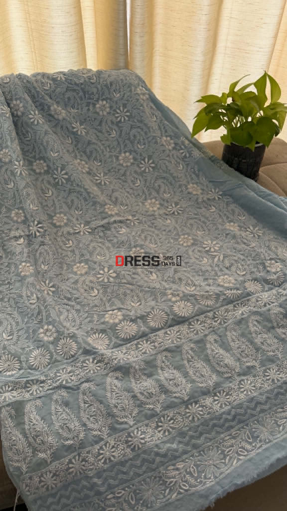 Powder Blue Fine Chikankari Hole Work Suit (Kurta & Dupatta) - Chikankari Suits