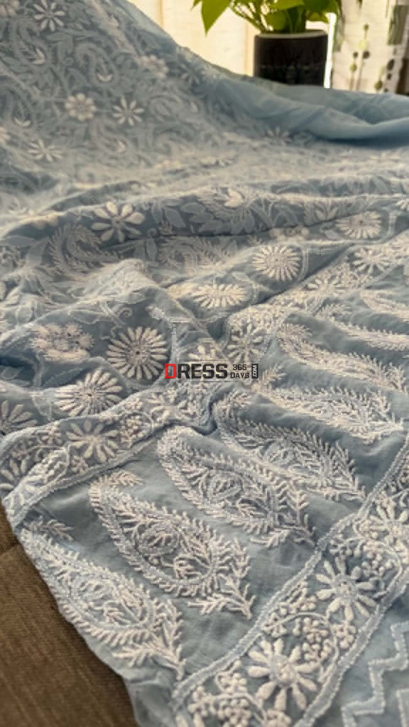 Powder Blue Fine Chikankari Hole Work Suit (Kurta & Dupatta) - Chikankari Suits