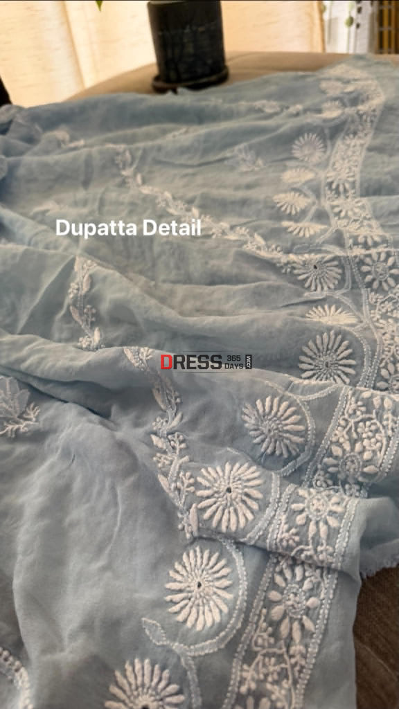 Powder Blue Fine Chikankari Hole Work Suit (Kurta & Dupatta) - Chikankari Suits