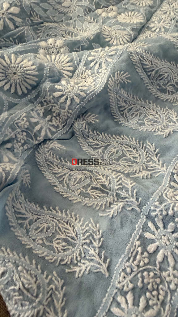 Powder Blue Fine Chikankari Hole Work Suit (Kurta & Dupatta) - Chikankari Suits