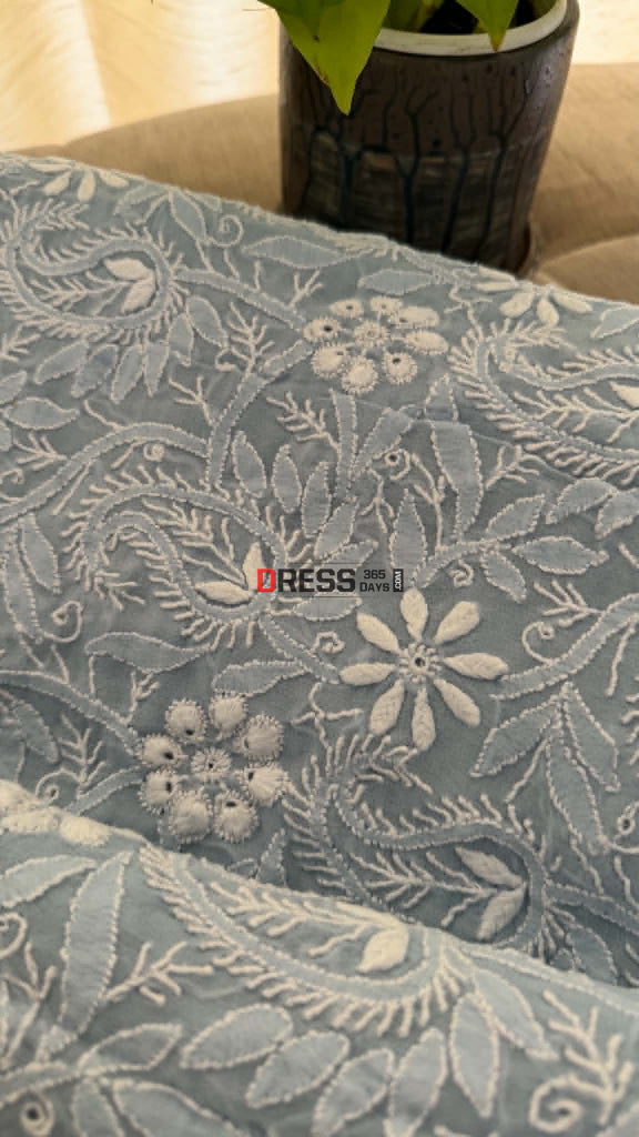 Powder Blue Fine Chikankari Hole Work Suit (Kurta & Dupatta) - Chikankari Suits