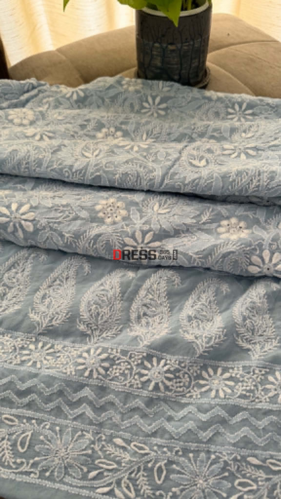 Powder Blue Fine Chikankari Hole Work Suit (Kurta & Dupatta) - Chikankari Suits