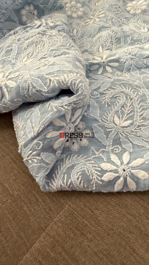 Powder Blue Fine Chikankari Hole Work Suit (Kurta & Dupatta) - Chikankari Suits